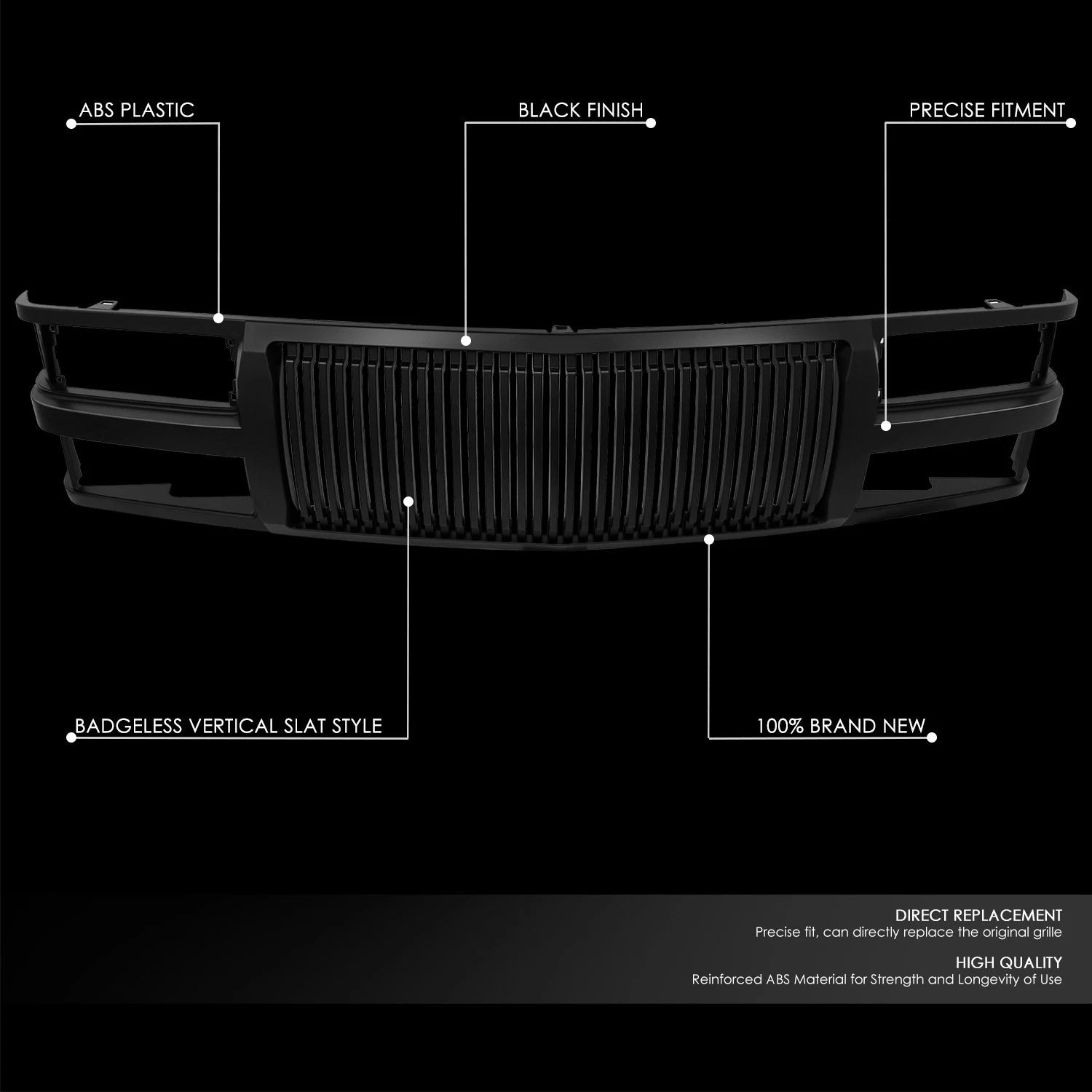 Matte Black Badgeless Vertical Slat Front Grille for Blazer C/K Tahoe (1994–2020)