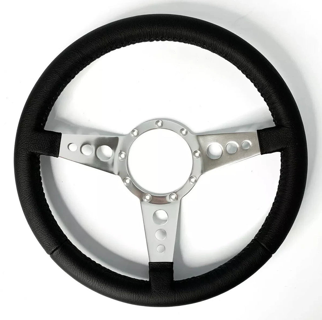 Polished 14 Inch Drilled 3 Spoke Steering Wheel with Leather Grip for 9 Hole
