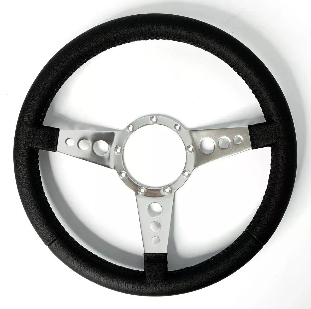 Polished 14 Inch Drilled 3 Spoke Steering Wheel with Leather Grip for 9 Hole