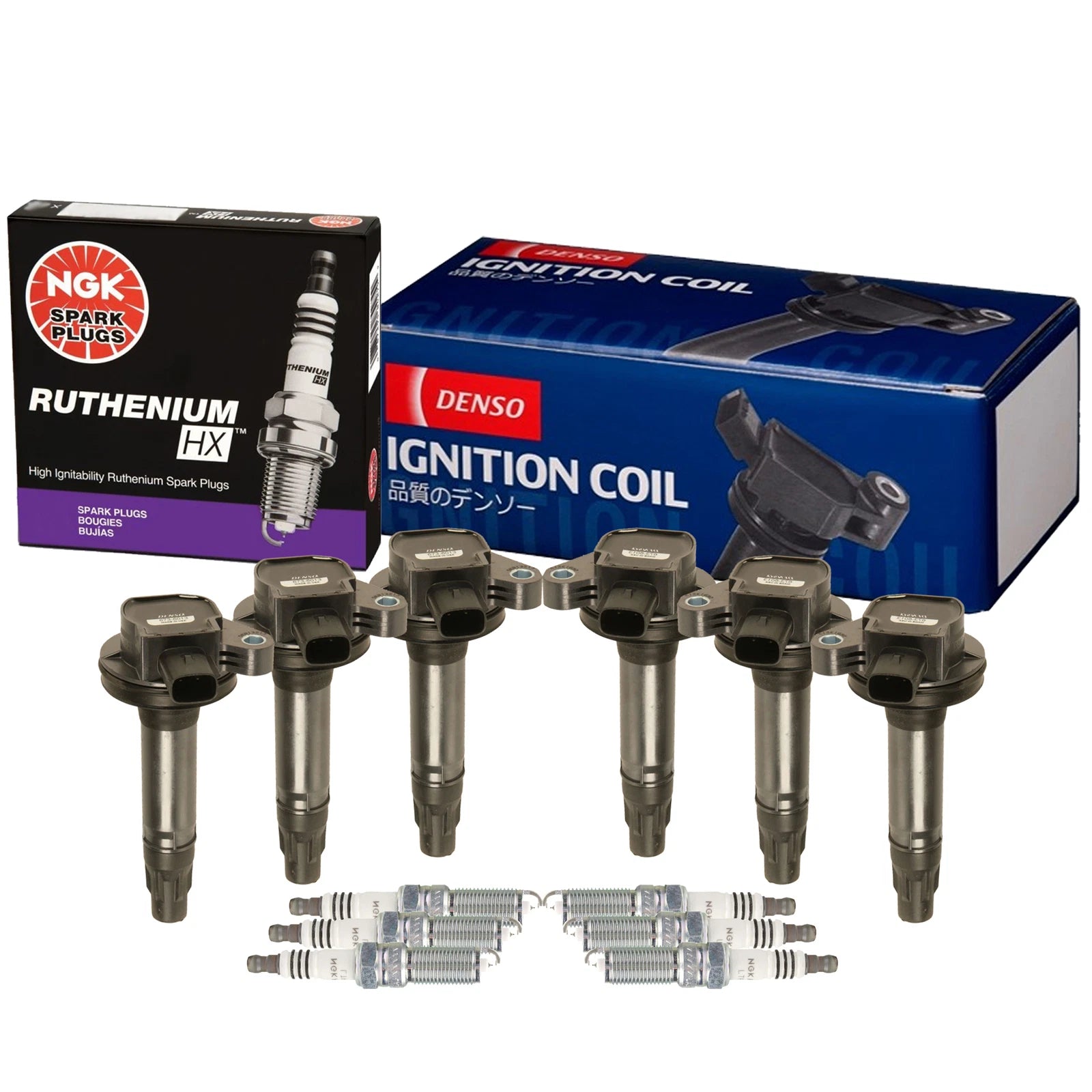 Set of 6 Denso COP Ignition Coils & NGK Ruthenium HX Spark Plugs for Ford 3.5 V6