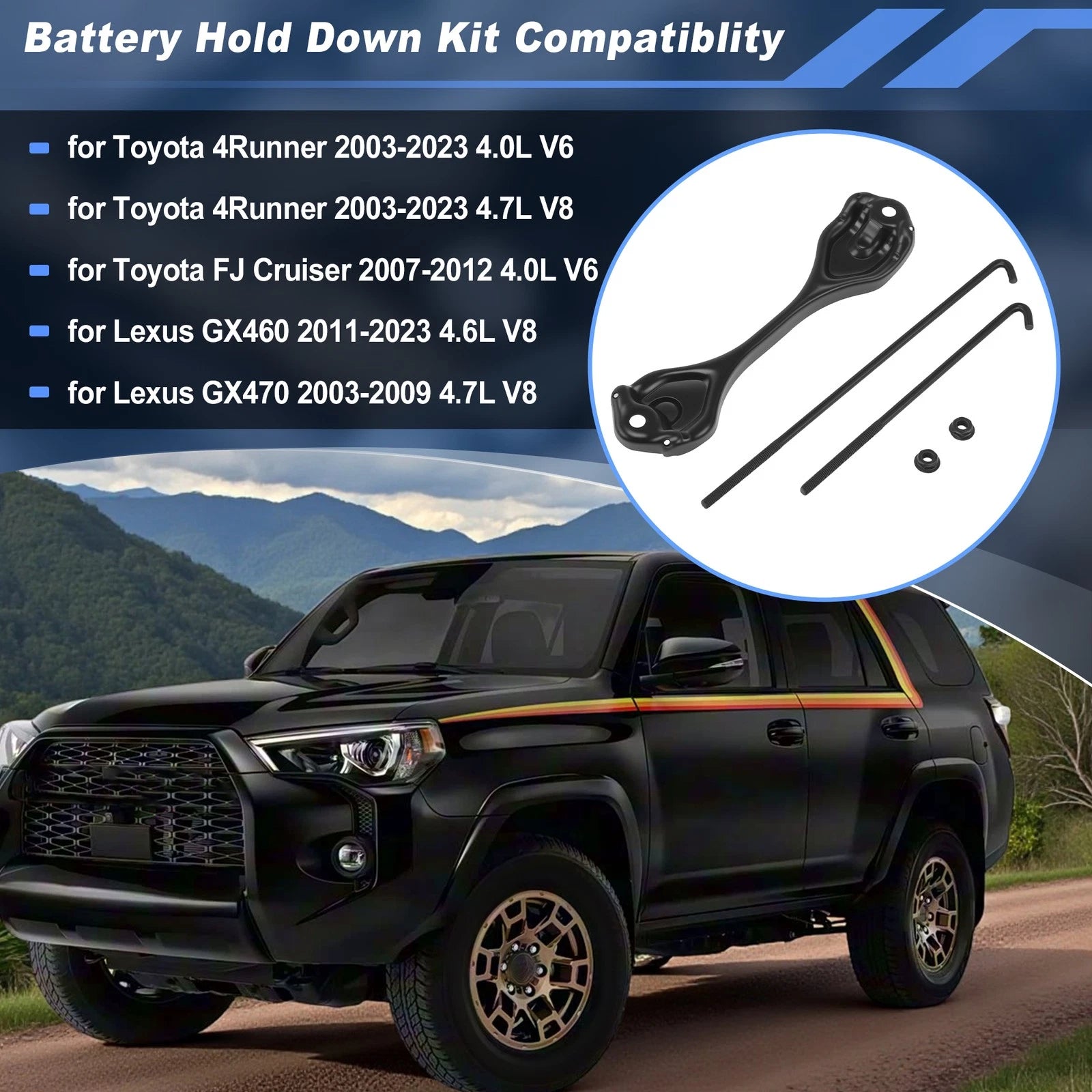 Battery Hold Down Tie Bracket Clamp Kit for Toyota 4Runner, FJ Cruiser (2003–2023) 7448126020