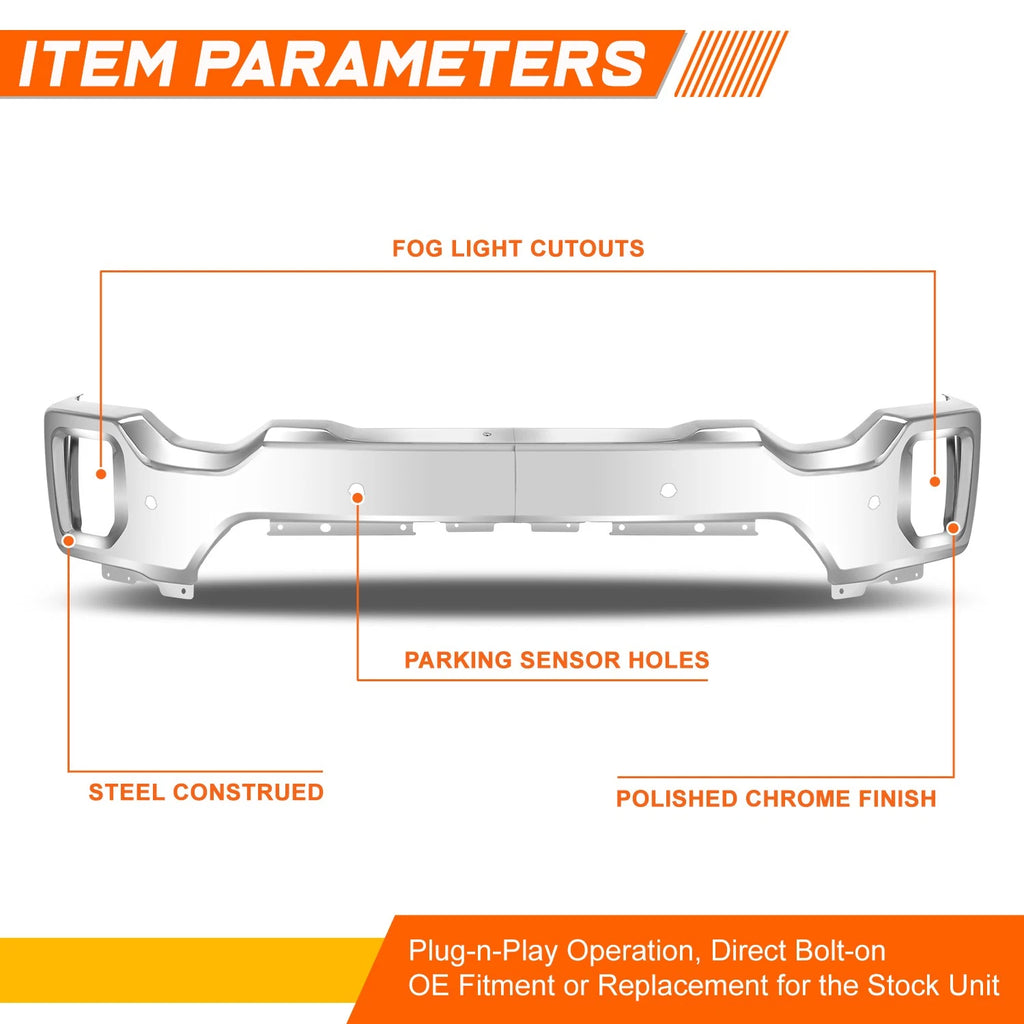 Front Bumper Face Bar for GMC Sierra 2500 3500 HD (2020–2023) w/ Sensor Holes Chrome