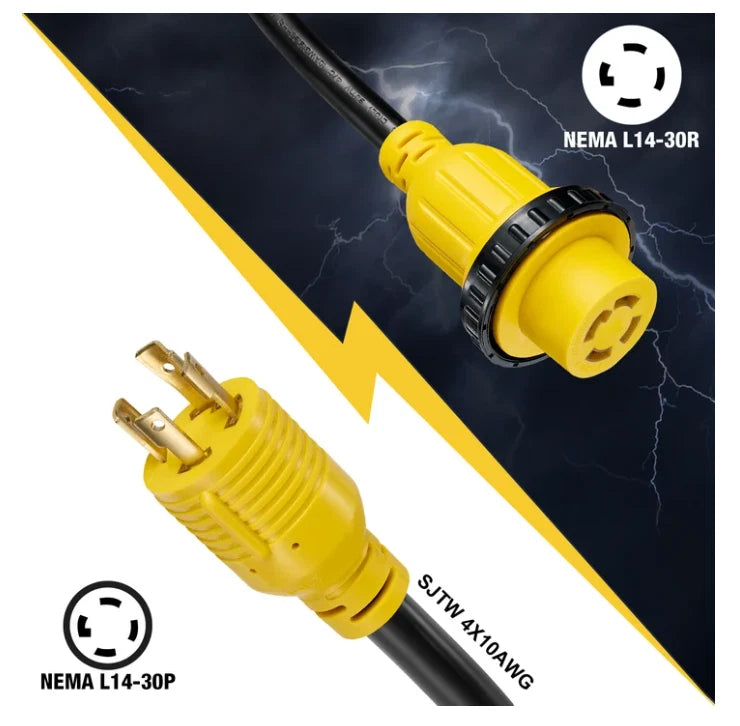 30A RV Extension Cord for L14-30P to L14-30R (20 ft, ETL Waterproof)