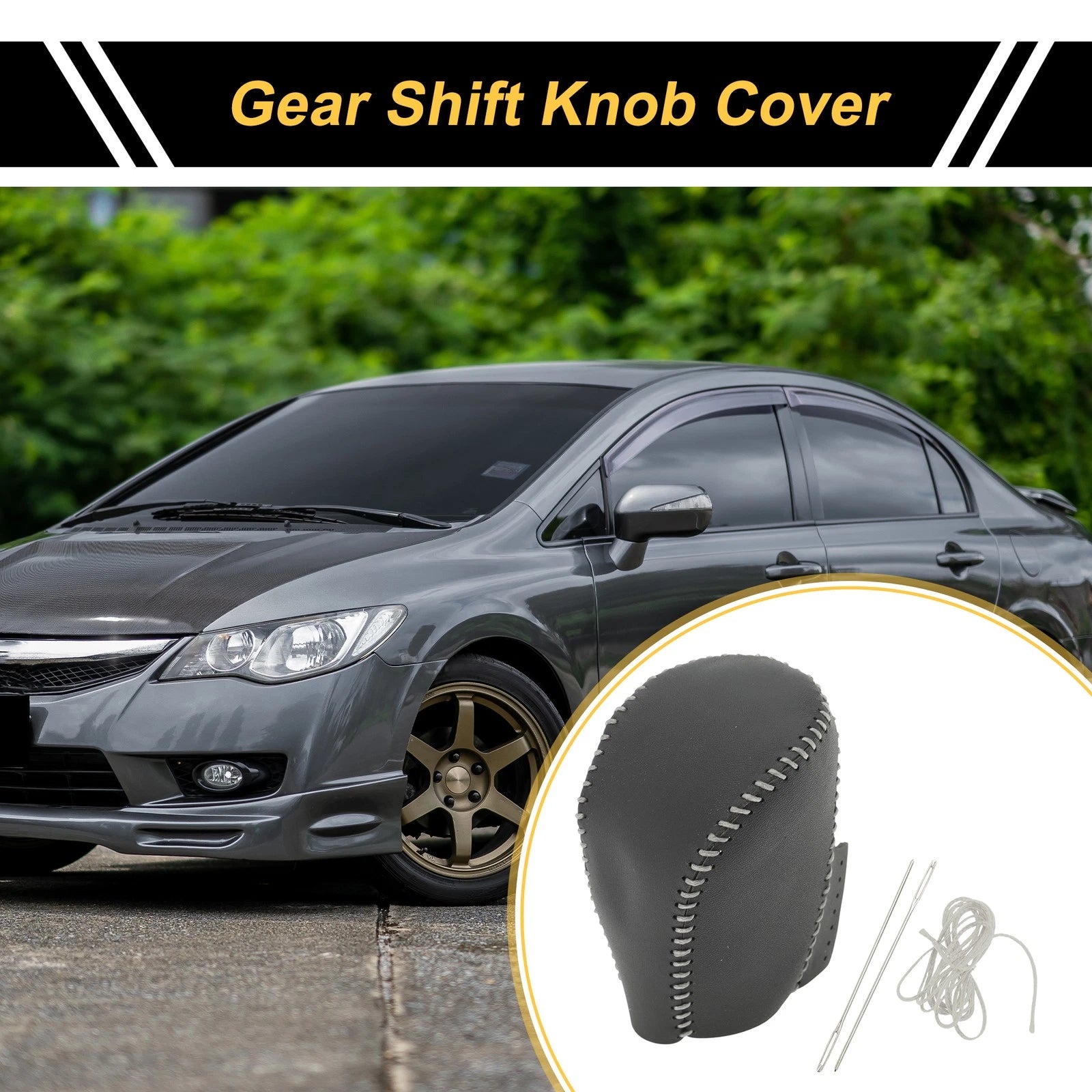 1 Pc Gear Shift Knob Cover for Honda Civic (2016–2021) Black Gray Faux Leather