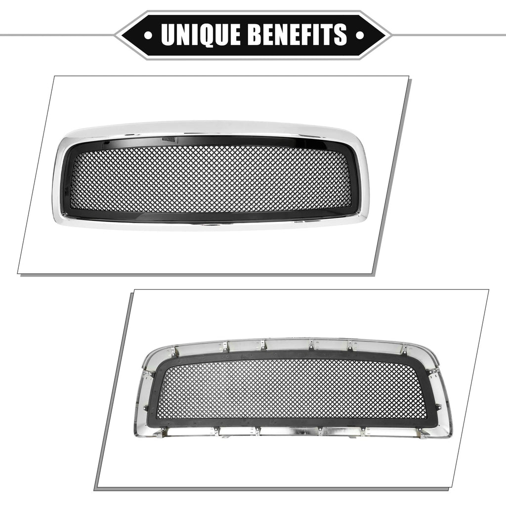 Front Grille Assembly for Dodge Ram 1500 (Chrome, Silver Tone, Gloss Black)