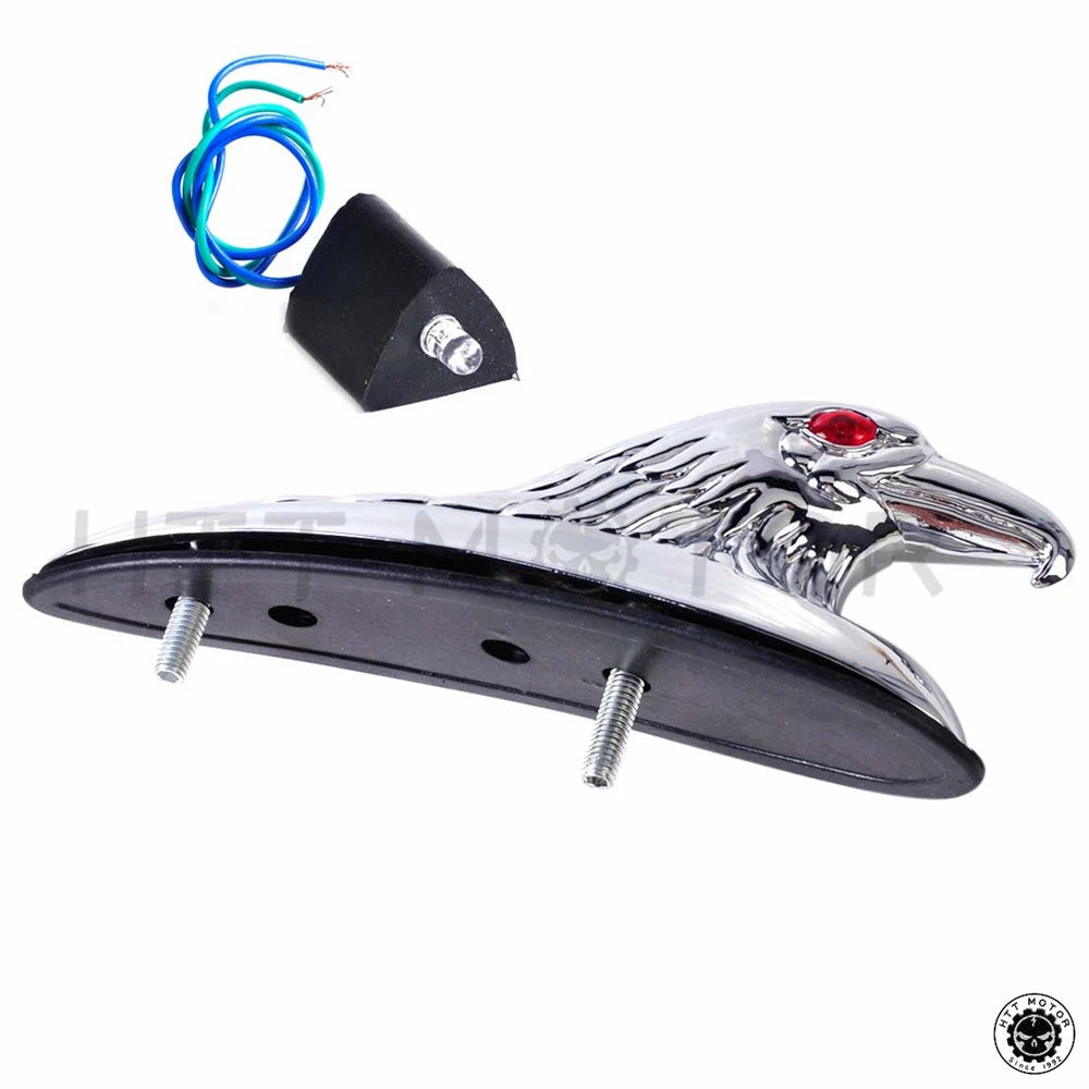 Chrome Front Fender Bonnet Eagle Head with Red LED Eyes for Motorcycle