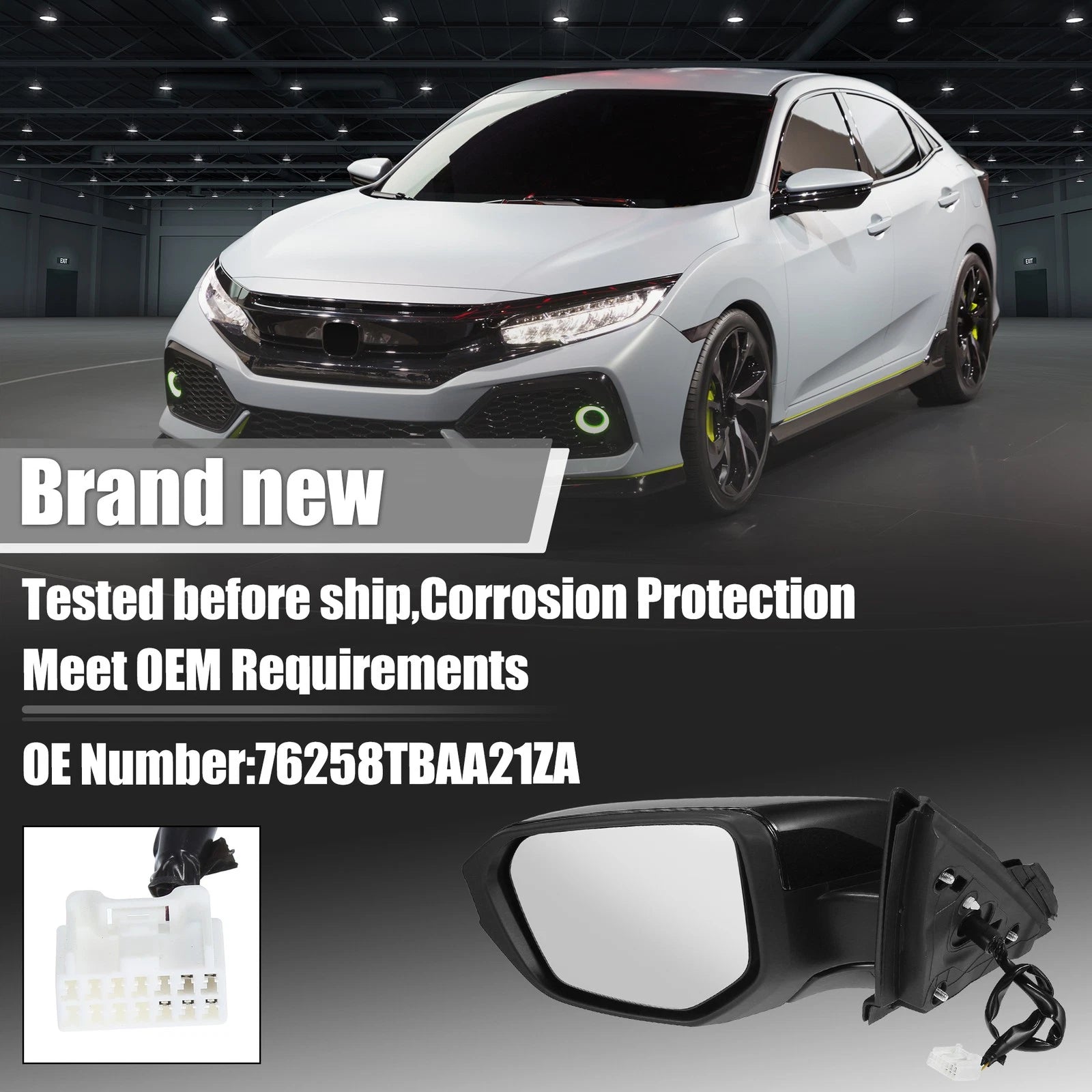5 Pin Left Side Exterior Door Mirror Assembly Black for Honda Civic (2016–2020)