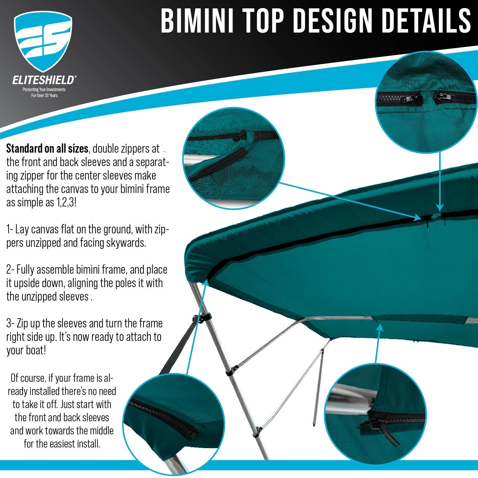 Bimini Top Boat Cover for 3 Bow 72"L 91"-96"W (Fits )