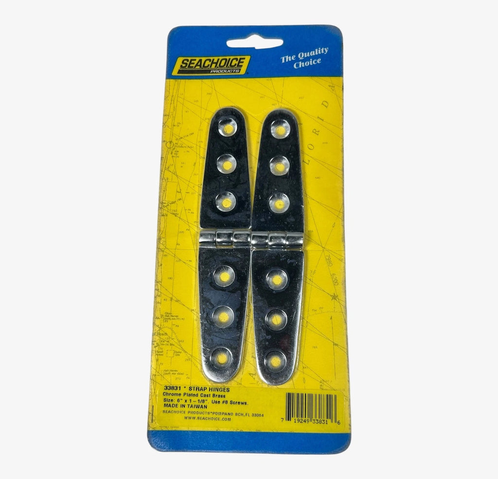 Set of 2 Chrome Plated Brass Strap Hinges 6'' x 1 1/8'' - SeaChoice 33831