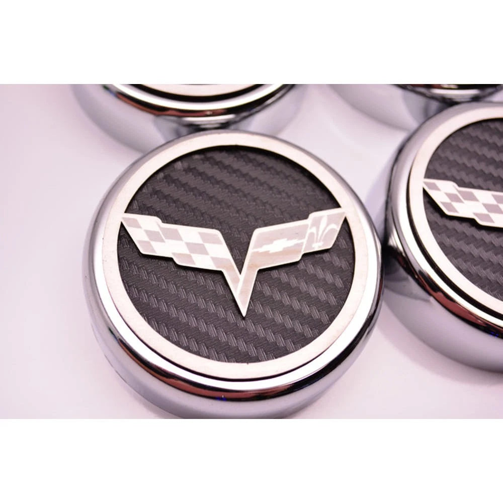 Chrome Cap Covers with White Carbon Fiber Flags Inlay for Corvette (2005–2013)