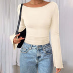 2X Boat Neck Solid Color Tops for Women Slim Fit Long Sleeve Casual Shirt