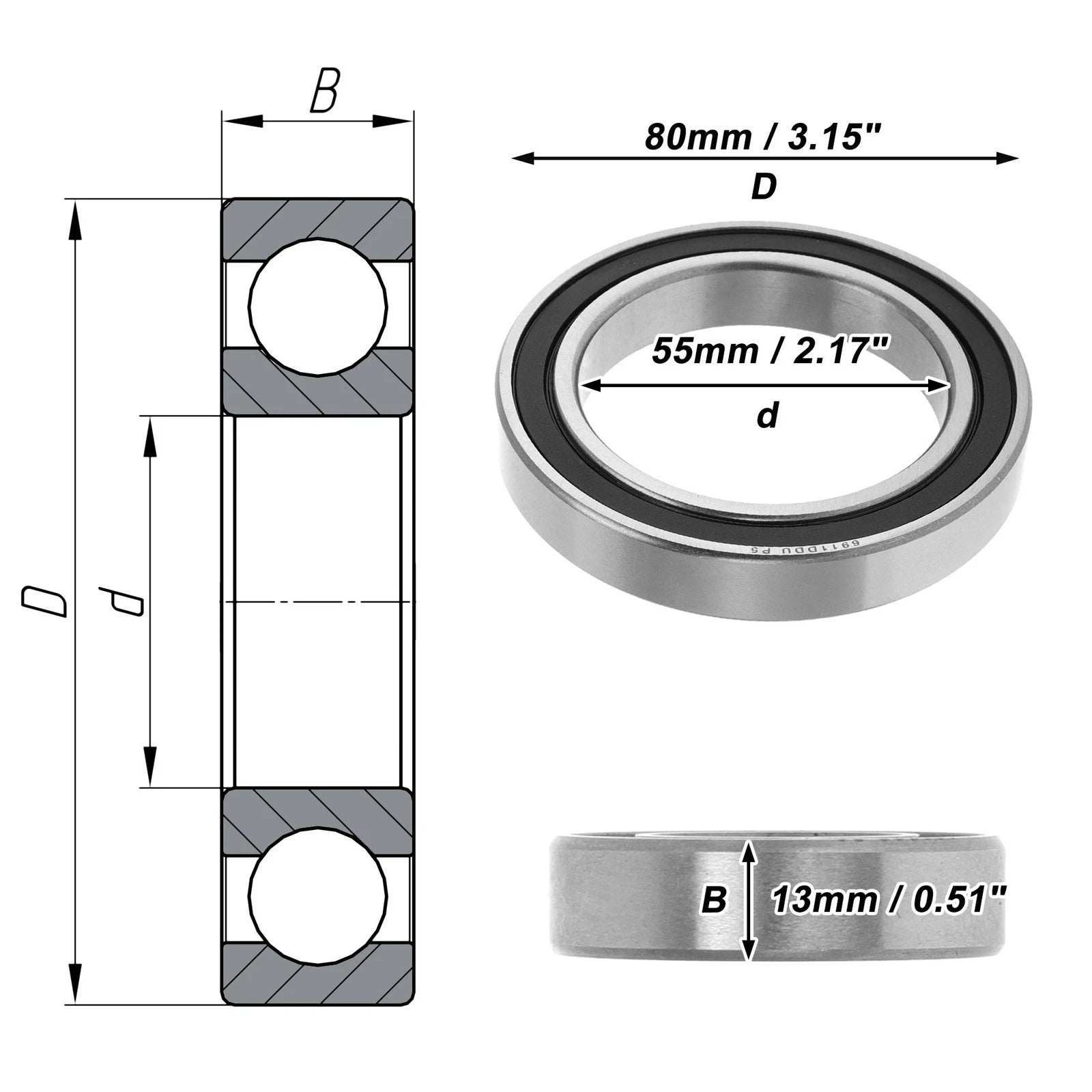 Deep Groove Ball Bearing 6911DDU for Scooter Skateboard (55x80x13mm)