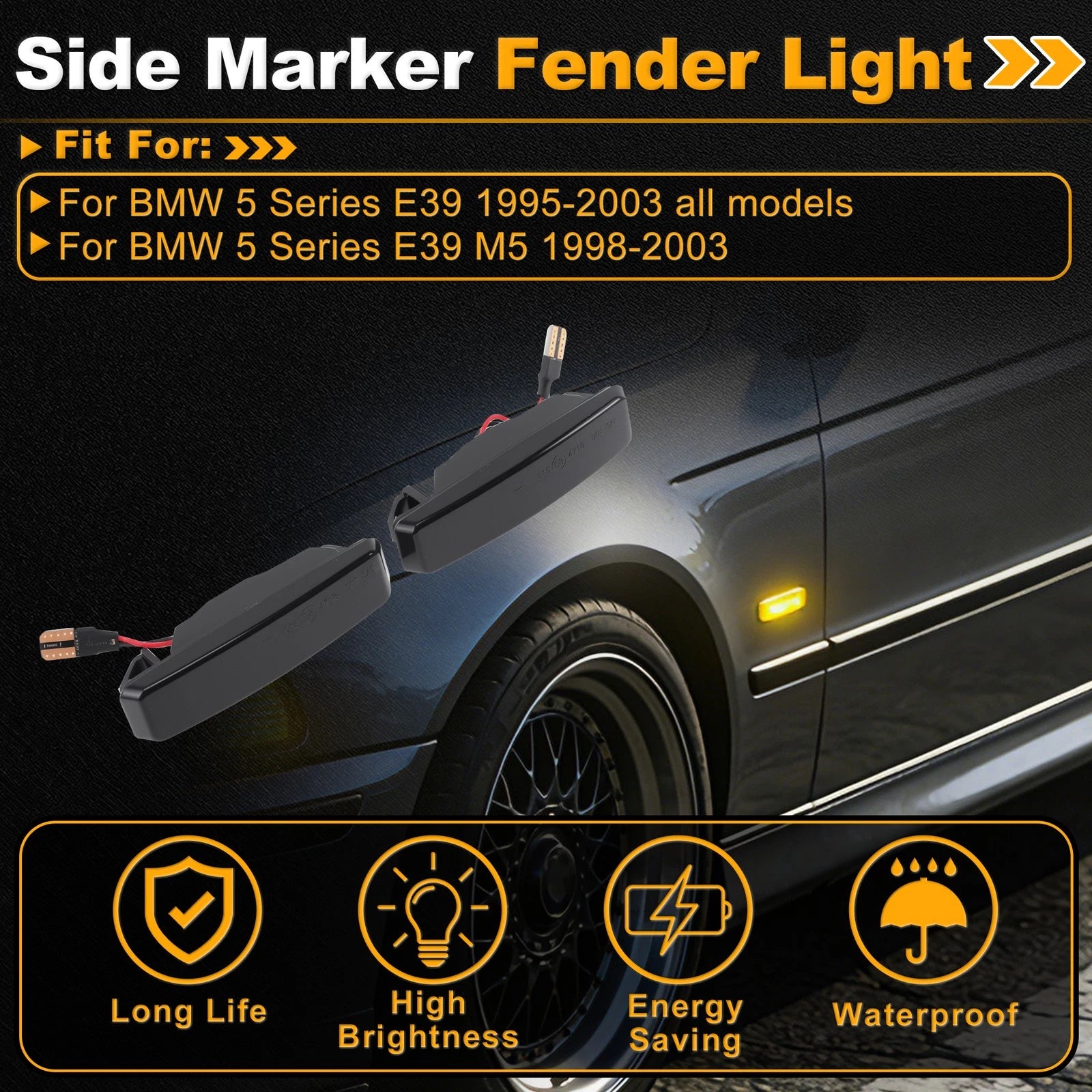 Side Marker Fender Light for BMW 5 Series E39 (1995–2003) Smoky Black Lens 1 Pair