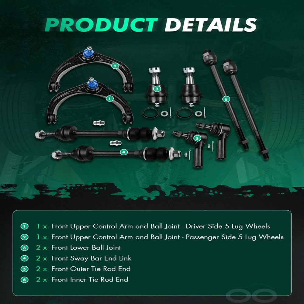 10PCS Front Control Arms Ball Joints Tie Rods Kit for Dodge Ram 1500 (2006–2008)