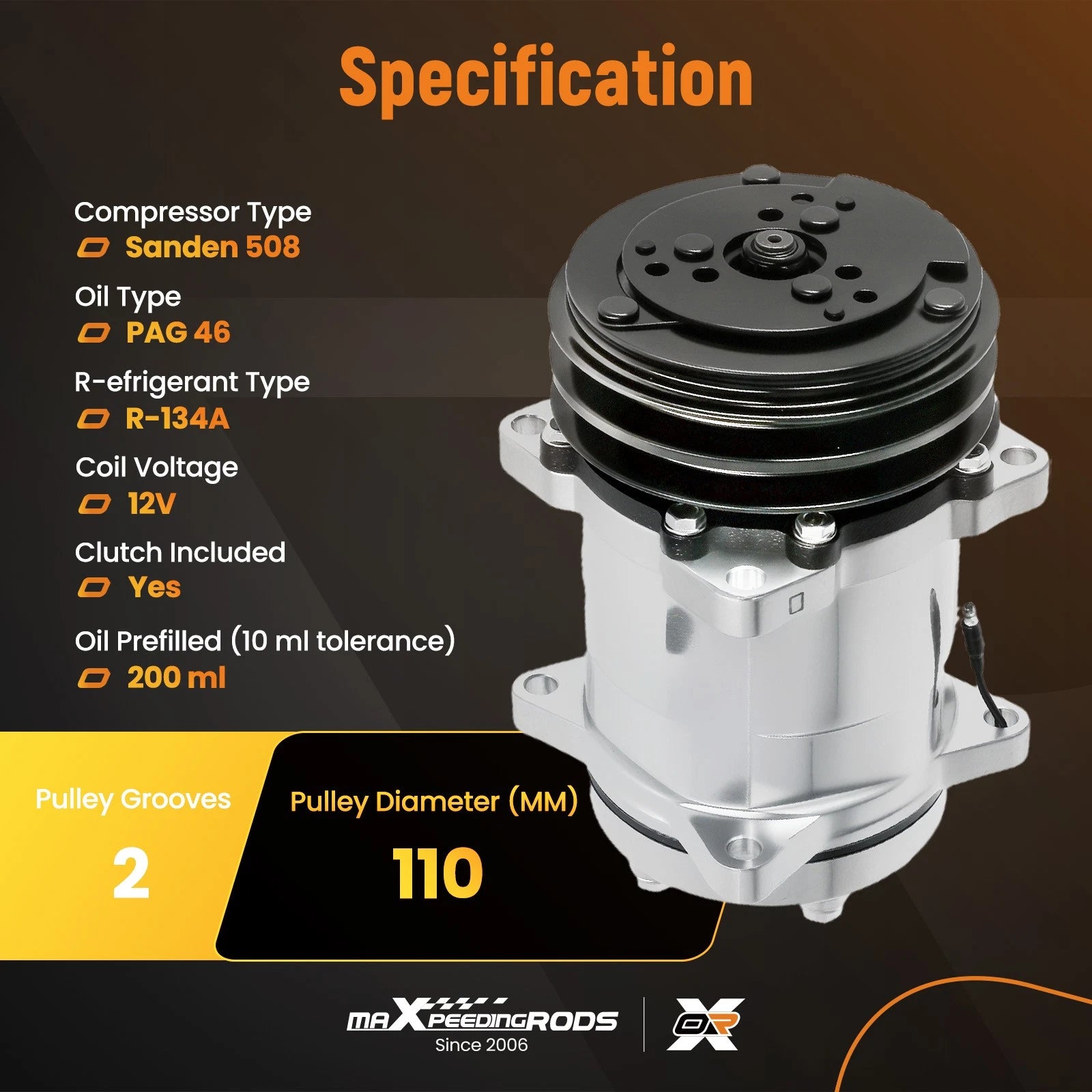 A/C Compressor with 2-Groove Pulley & Clutch for Sanden 508 (12V)