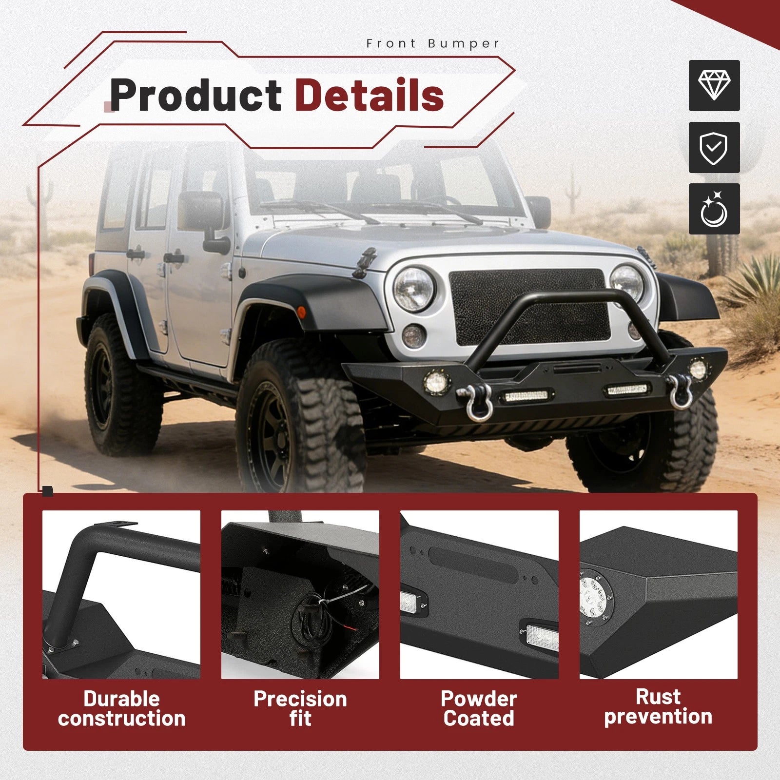 Front Bumper with LED Lights & D-Rings for Jeep Wrangler JK & Unlimited (2007–2024)
