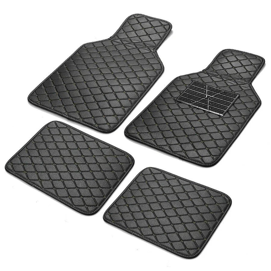 4Pcs Universal Waterproof PU Leather Car Floor Mats Black & Beige