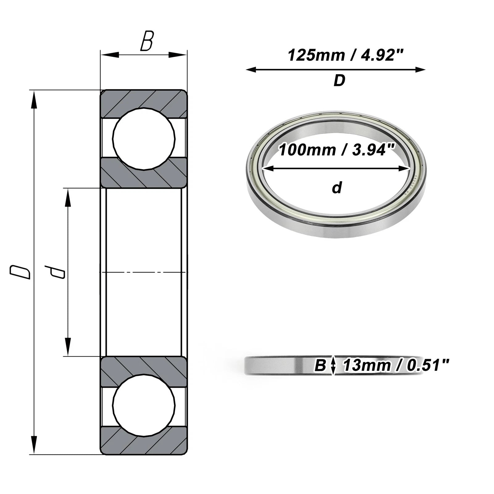 Deep Groove Ball Bearing 6820ZZ for Scooter Skateboard (100x125x13mm)