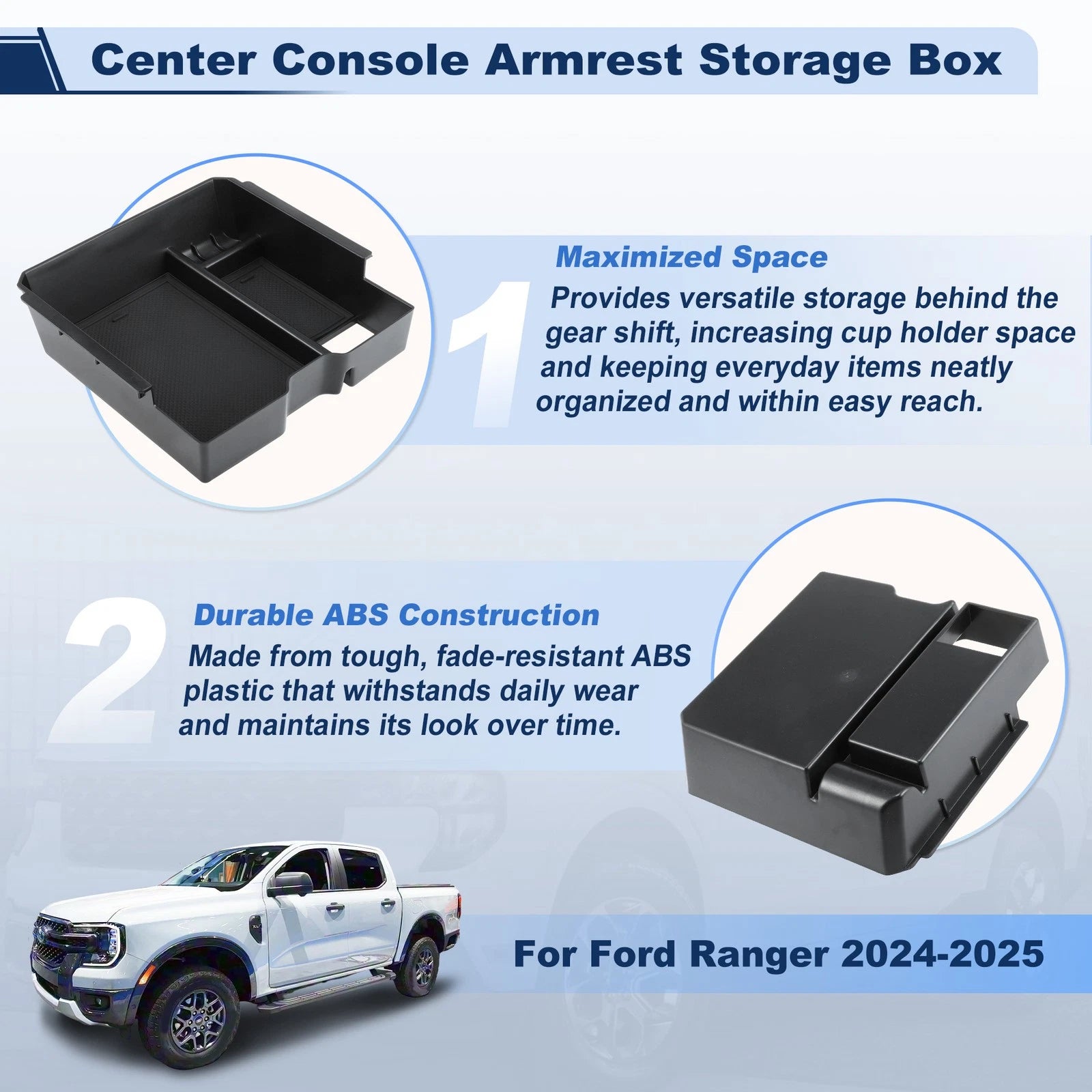 Center Armrest Storage Box Organizer Tray for Ford Ranger (2024–2025)
