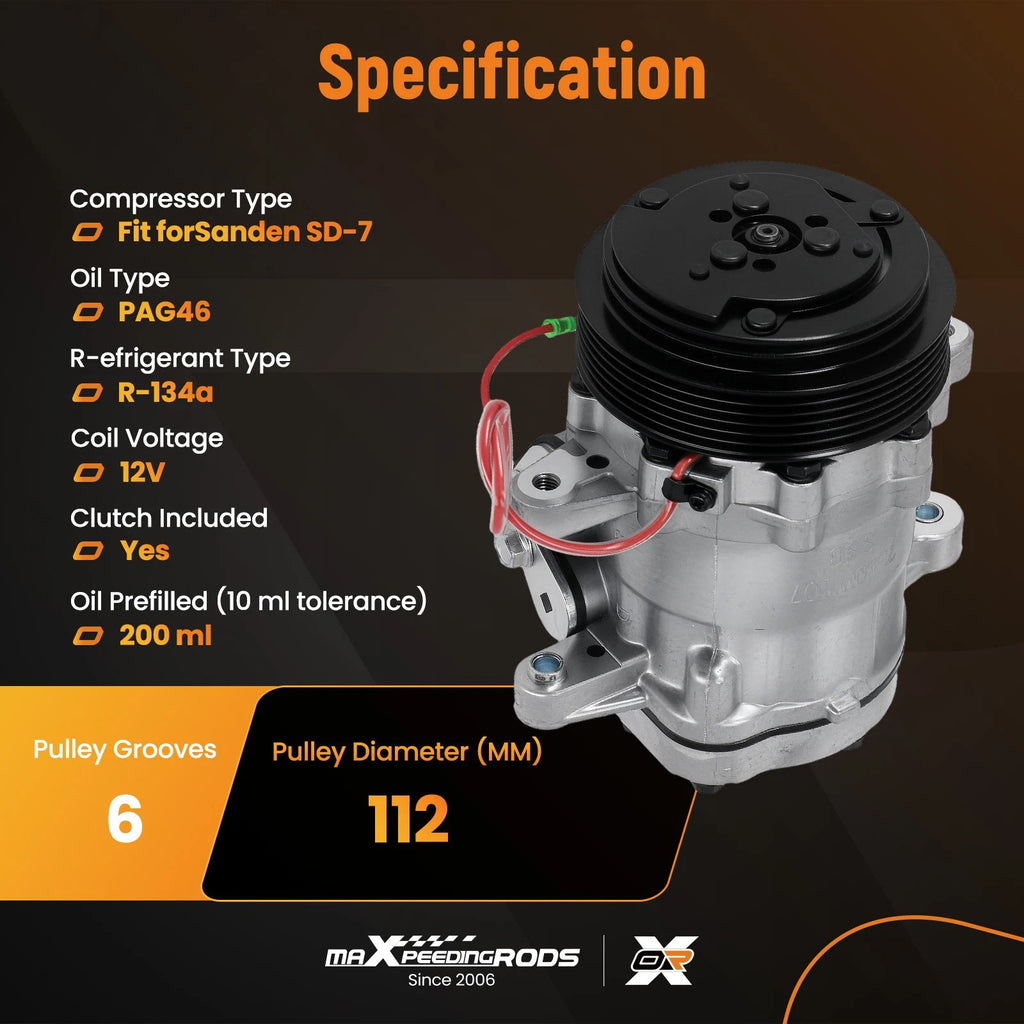 AC Compressor w/ 6-Groove Pulley for Sanden SD7 (HC5005BK)