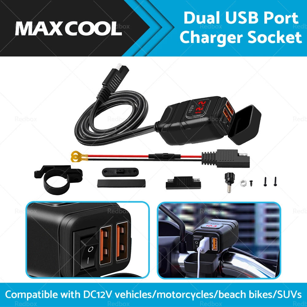 Dual USB Fast Charger Socket with Voltmeter for Motorcycle