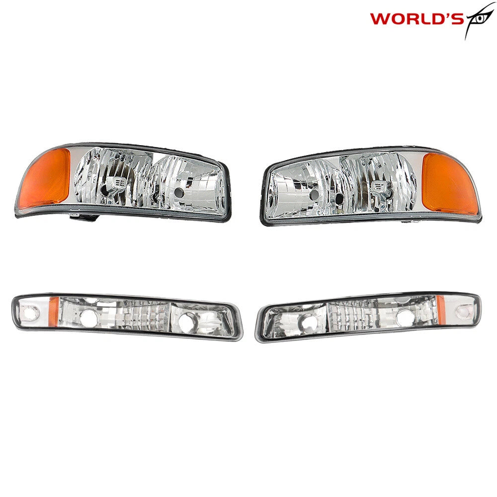 Headlight Set for GMC Sierra 1500, Yukon (1999–2007) Chrome Housing Clear