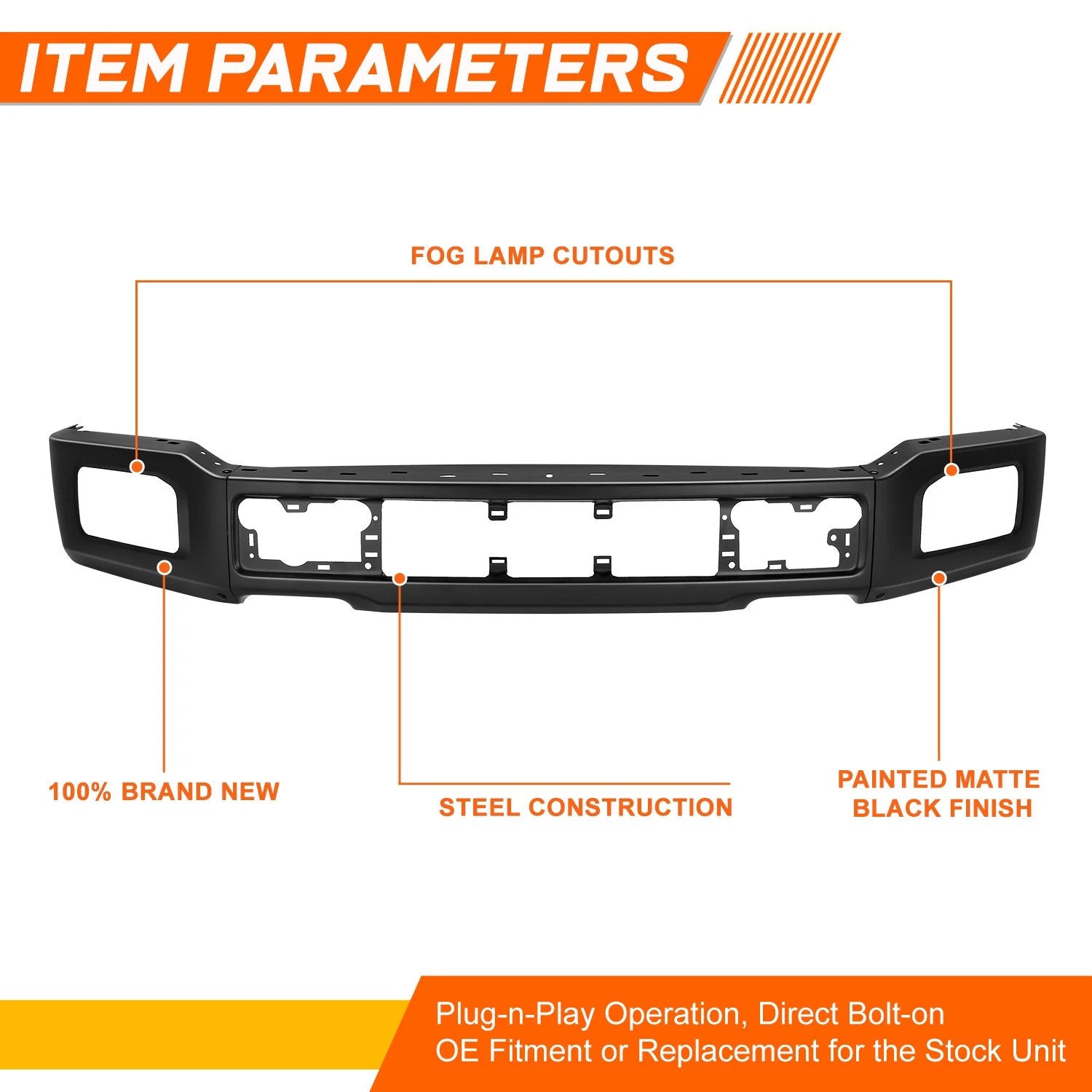 Steel Front Bumper Face Bar for Ford F-150 (2018–2020) w/ Fog Light Holes Black