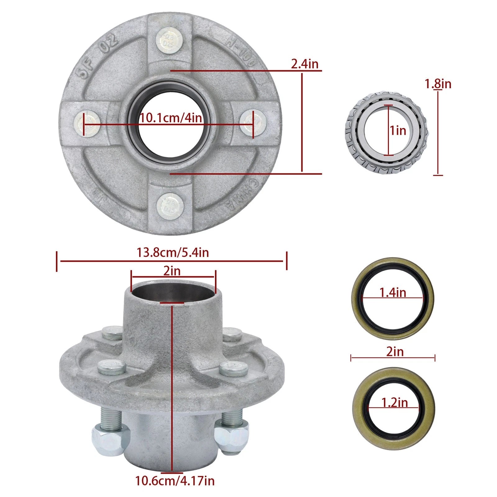 Galvanized Trailer Hub Kit with 4 Lug and 1 Inch Bearings (2000lbs)