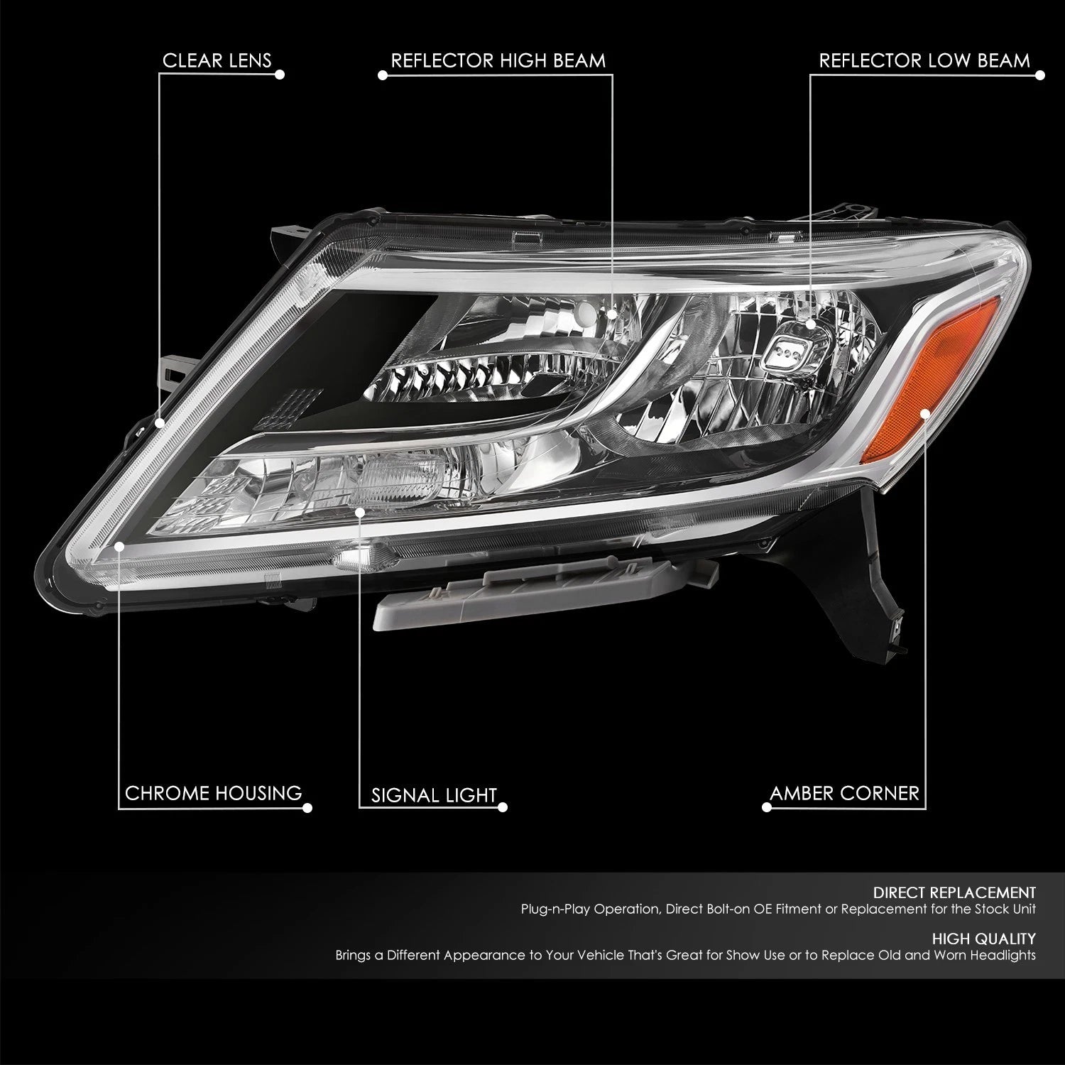 Headlight Assembly Pair for Nissan Pathfinder (2013–2016) Chrome Housing Clear Lens