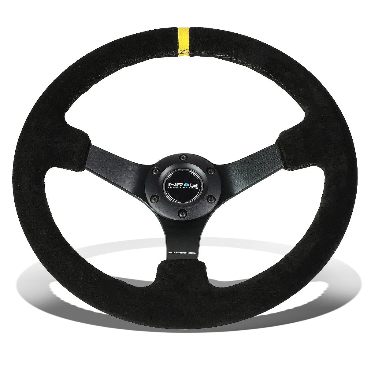NRG 35cm Deep Dish Steering Wheel for Universal Vehicles (3" Suede, Yellow Stripe)