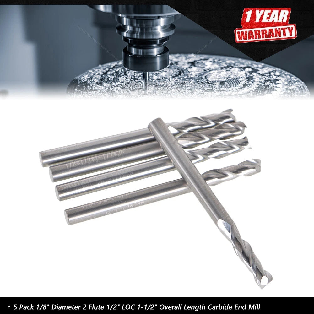 Set of 5 Carbide End Mills for Various Applications (1/8" Diameter)