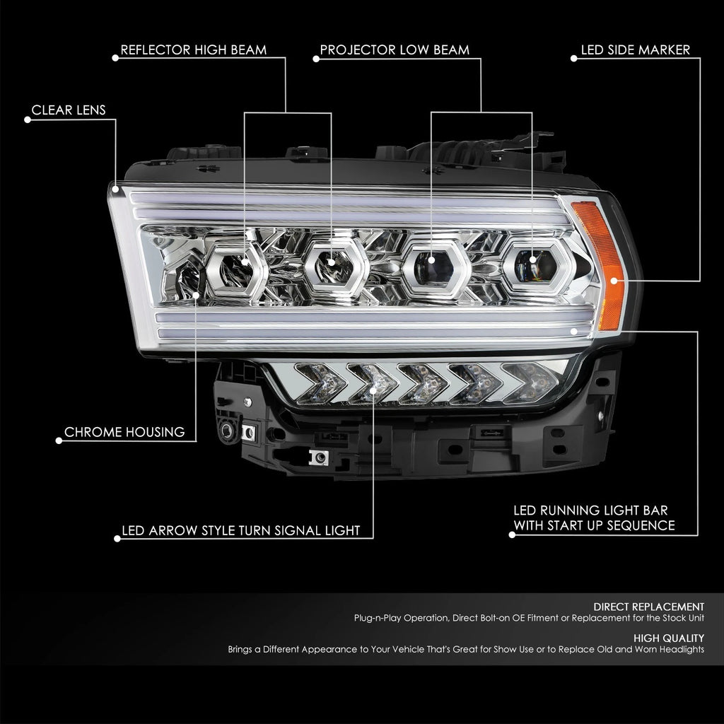 Chrome Amber LED Sequential Chasing Projector Headlight for Ram 2500 (2019–2024)