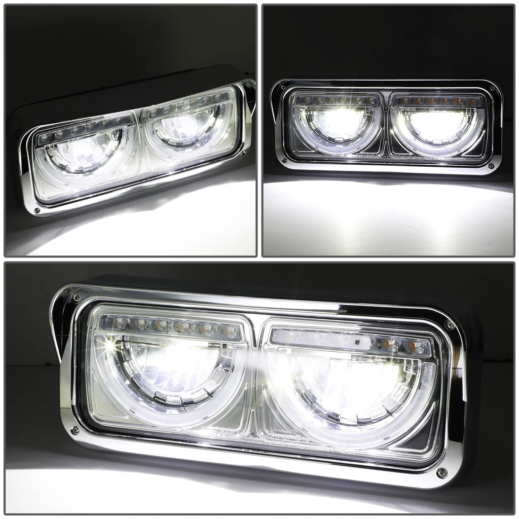 Chrome Full LED Halo Ring DRL Signal Headlights for Freightliner Kenworth (1981–2019)