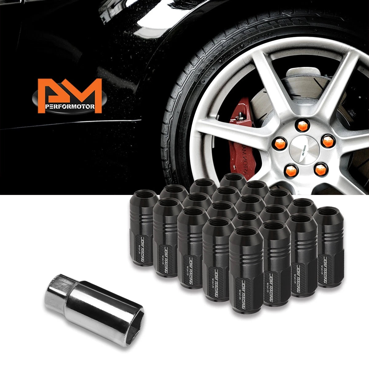 20Pc M12X1.25 Black JDM Closed End Cone Hex Wheel Lug Nuts + Extension 20mmx50mm