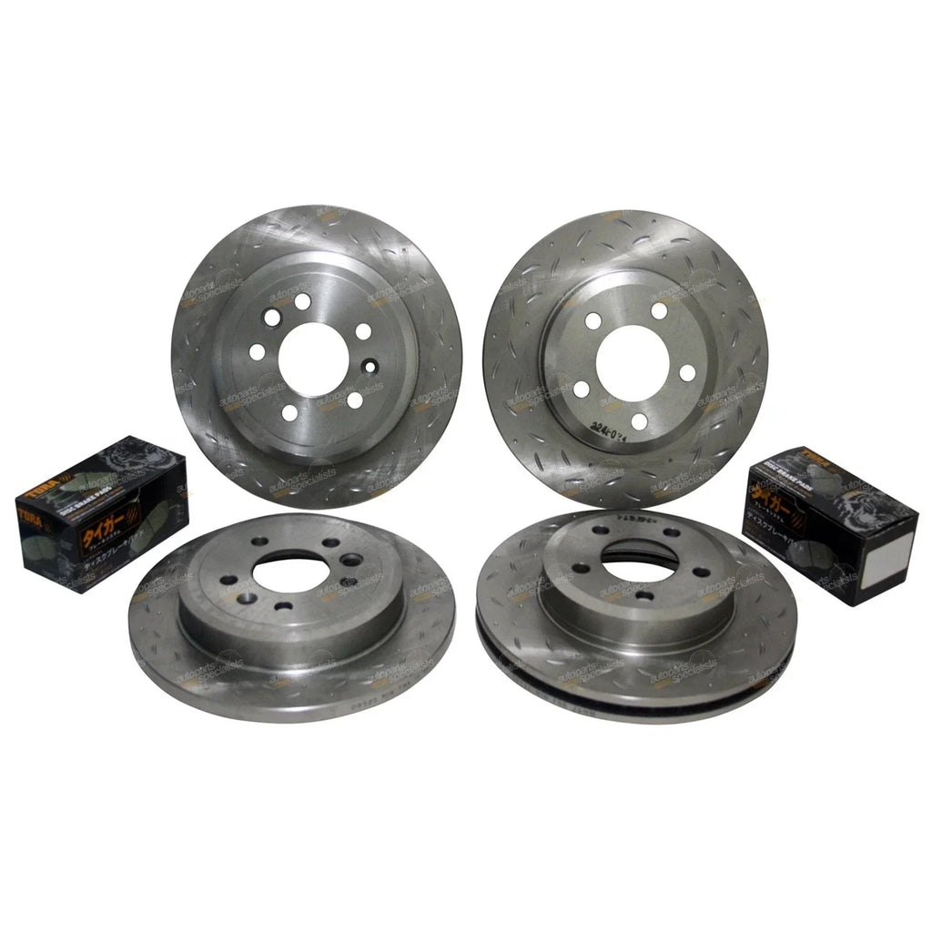 Front & Rear Slotted Disc Rotors + Brake Pads for Ford Falcon BA BF FG (2002 - 2016)
