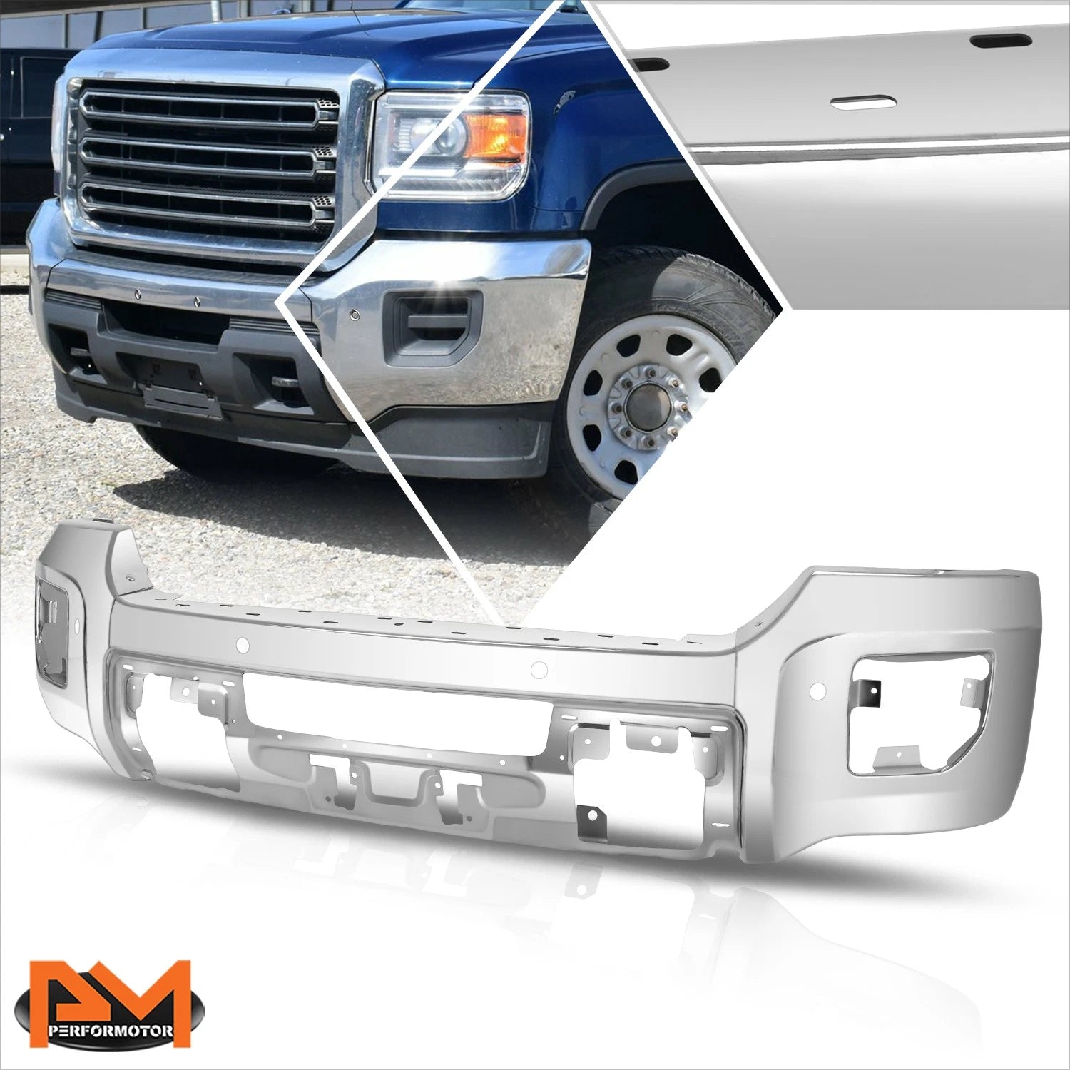 Front Bumper Face Bar for GMC Sierra 2500 3500 HD (2015–2019) w/ Sensor Holes Chrome
