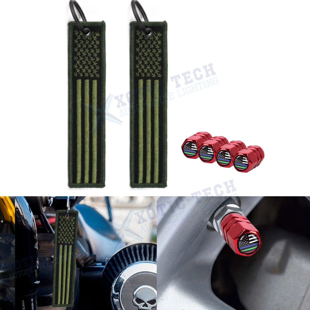 American Flag Keychain Tag Key Ring with Valve Stem Cap for Motorcycle (—)
