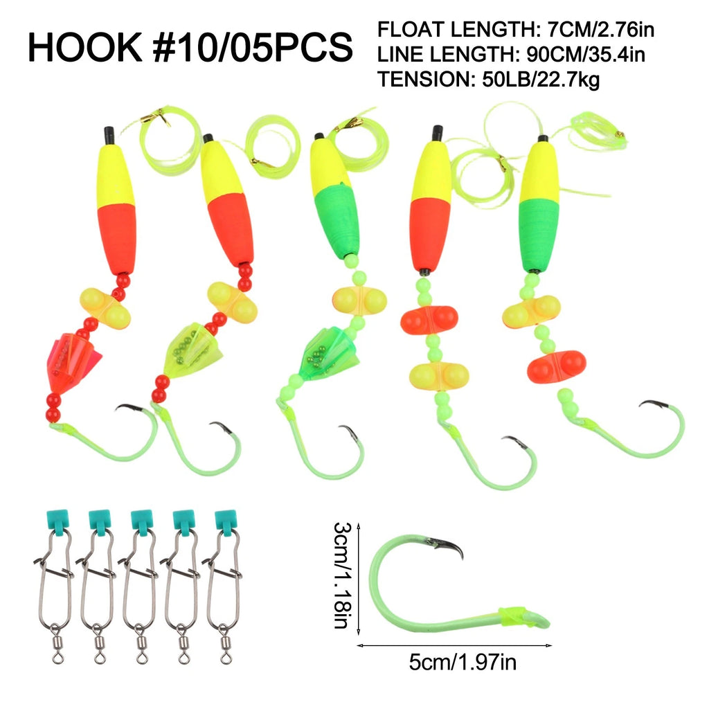Set of 5 Float Fishing Rigs with Circle Hooks Sizes 6/0, 8/0, 10/0