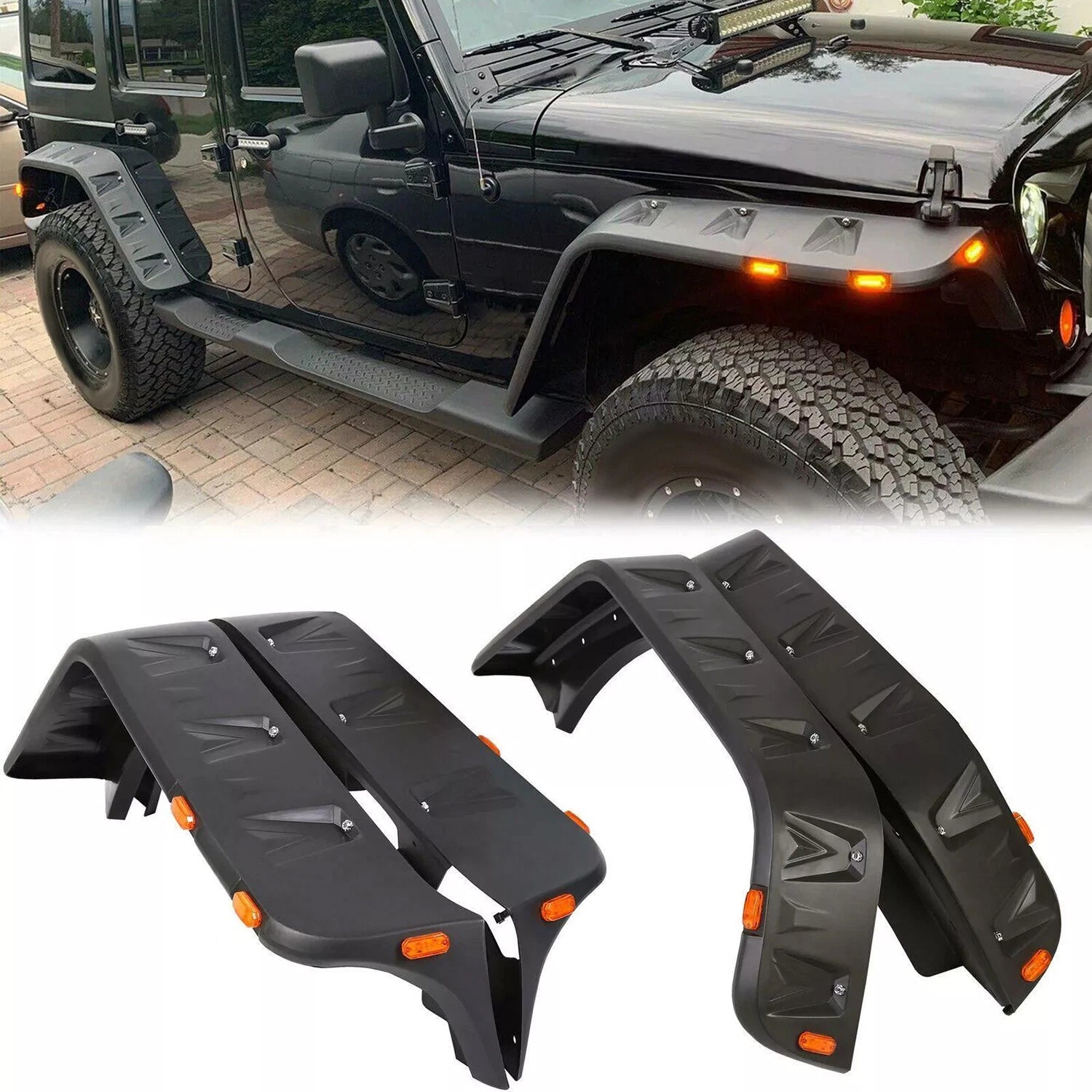 Pocket Rivet Style Smooth Fender Flares for Jeep Wrangler JK (2007–2018) w/LED