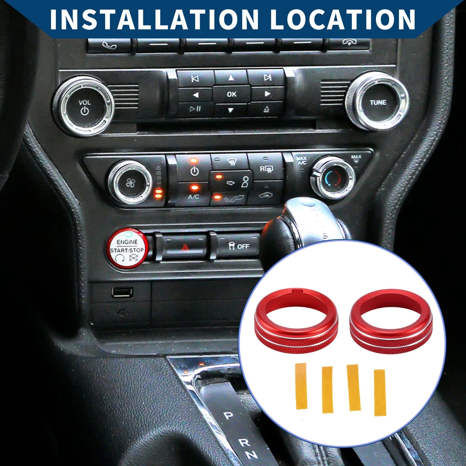2X AC Climate Switch Knob Cover Ring for Ford Mustang (2015–2021) Red