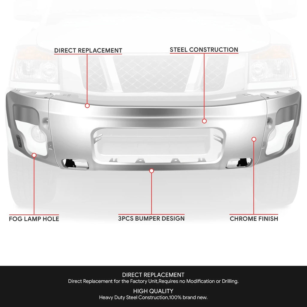 Chrome Front Bumper Face Bar w/Foglight Holes for Nissan Armada Pathfinder Titan (2004–2015)