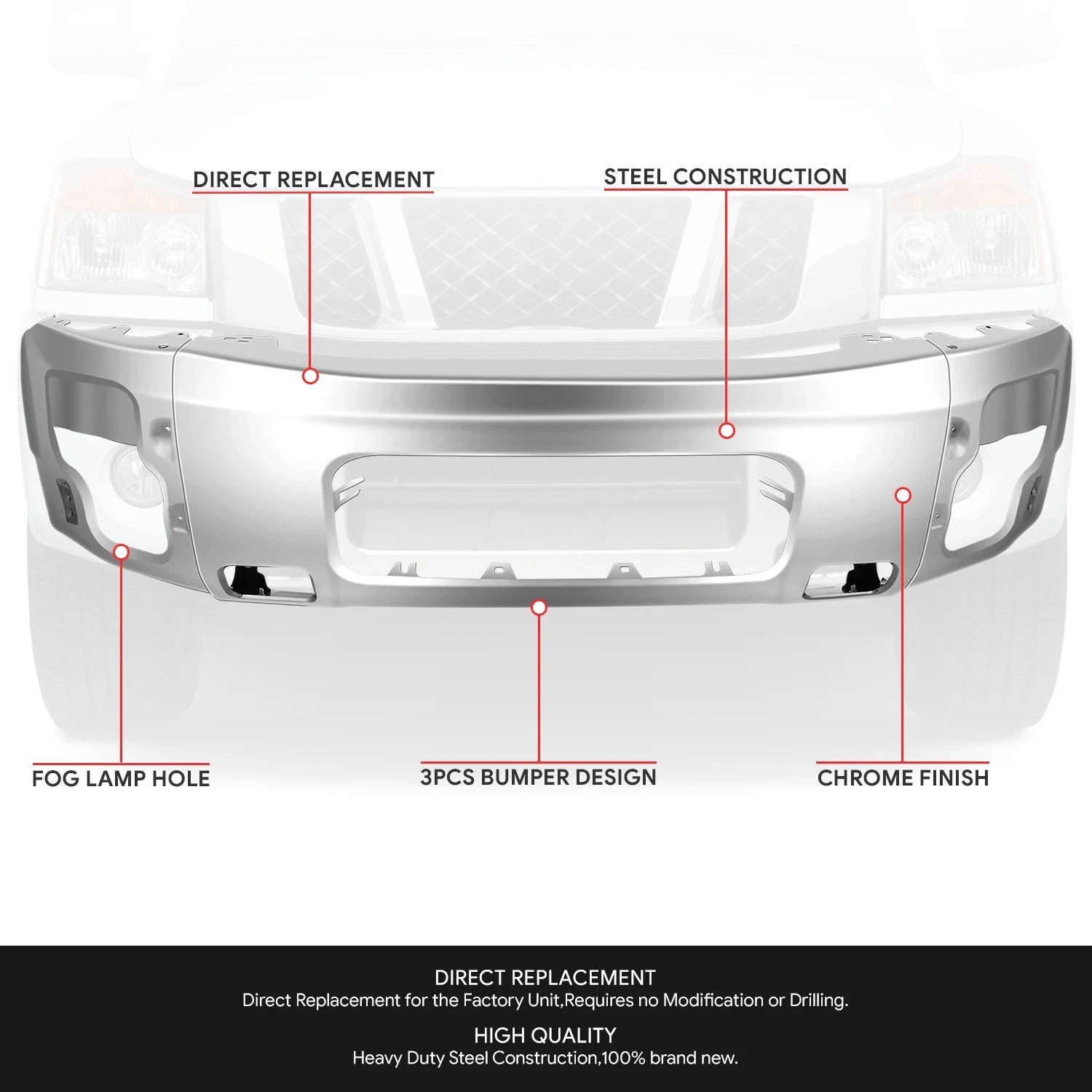 Chrome Front Bumper Face Bar w/Foglight Holes for Nissan Armada Pathfinder Titan (2004–2015)
