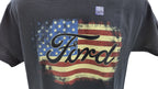Black Ford Script T-Shirt with Emblem for Men USA American Flag Background