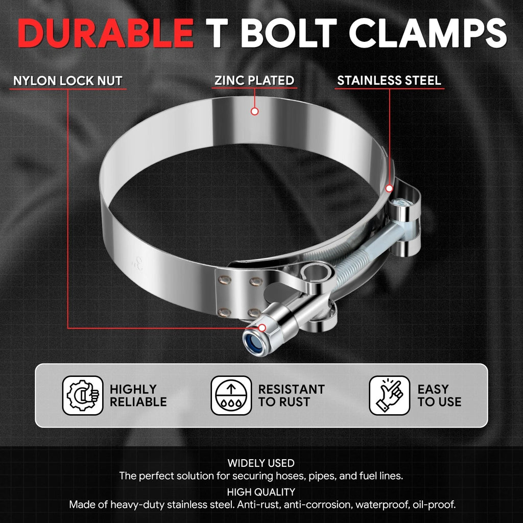8x 66mm-76mm Adjustable ID Stainless Steel T-Bolt Clamp w/Nylon Lock Nut