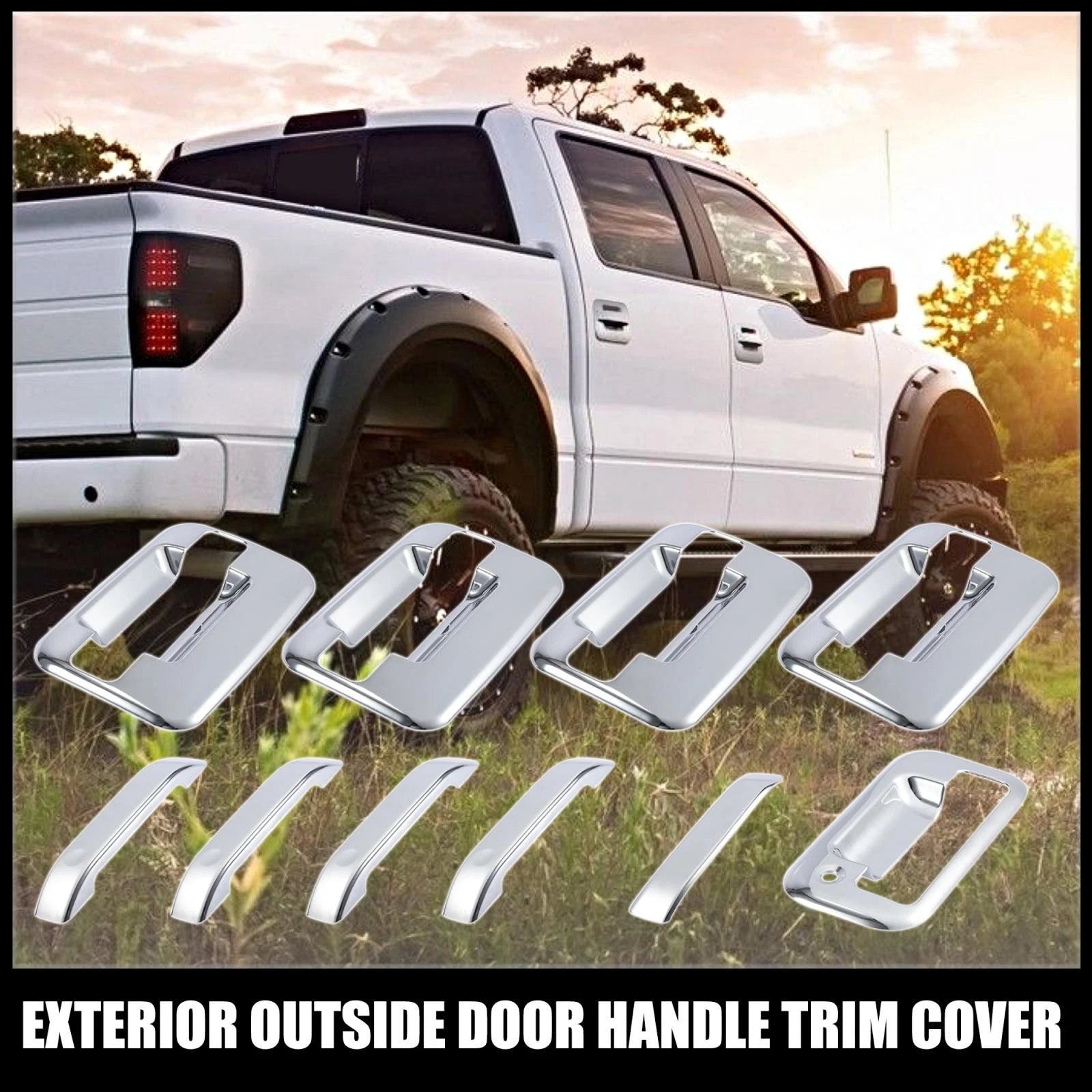 Set of 4 Silver Tone Exterior Door Handle Covers for Ford F150 