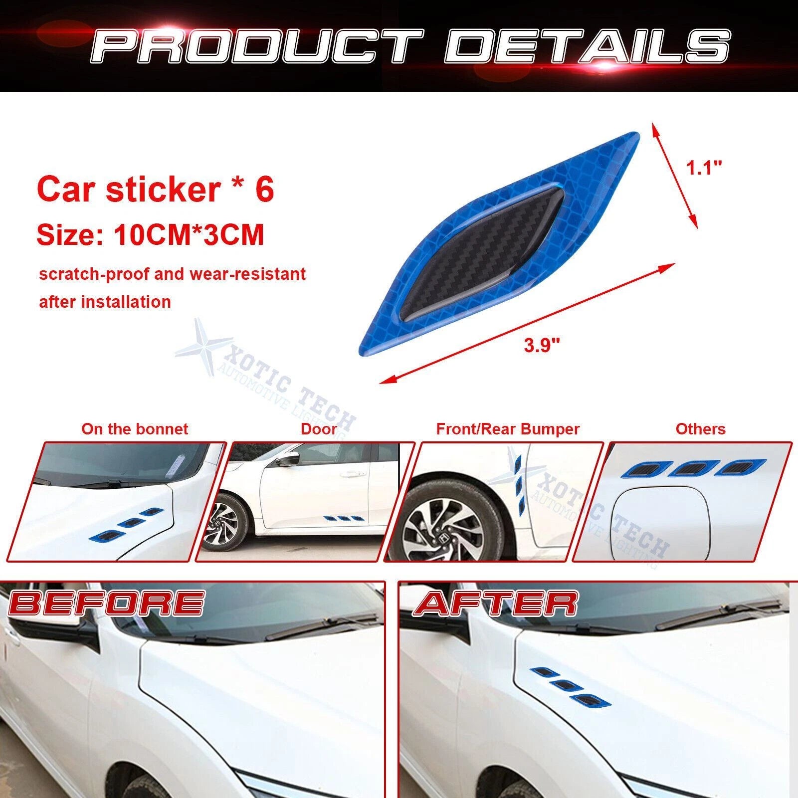 Blue Carbon Fiber Pattern 3D PVC Night Reflect Car Vent Edge for 6x (2024-2026)