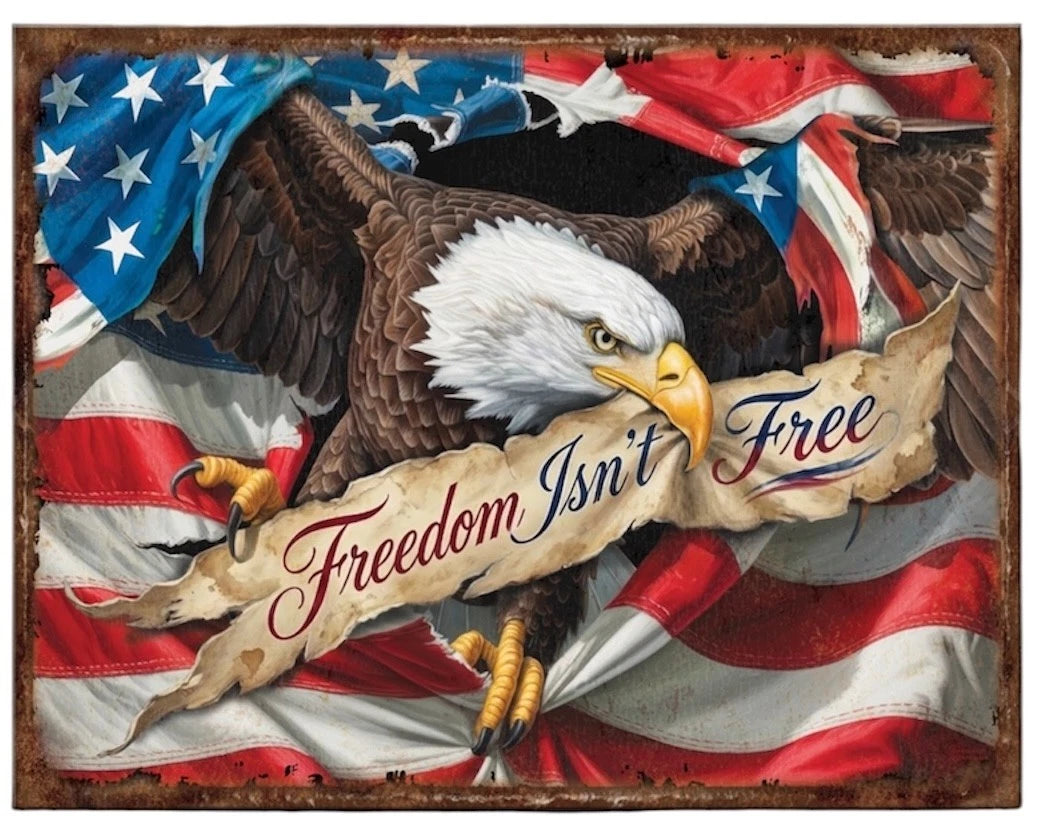 Vintage Tin Sign Freedom Isn't Free Bald Eagle American Flag #3011
