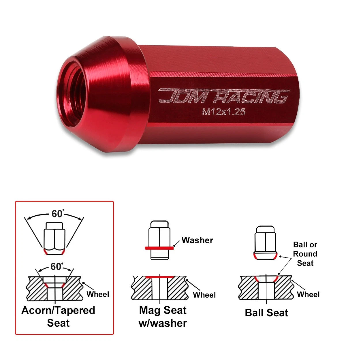 Set of 20 M12X1.25 Red Closed End Cone Hex Wheel Lug Nuts + 25mm Extension