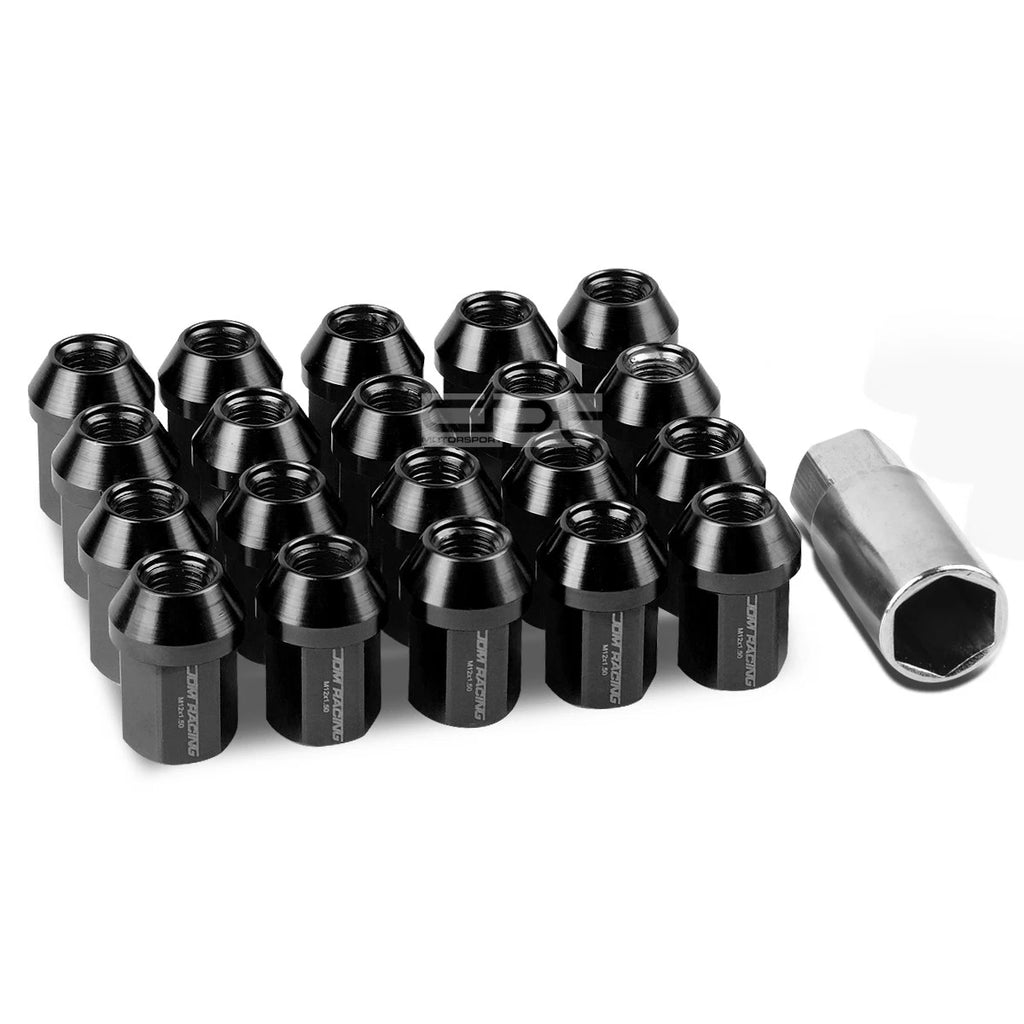 20 PCS Closed End M12x1.5 35mm Tall Black Aluminum Lug Nuts + Adapter