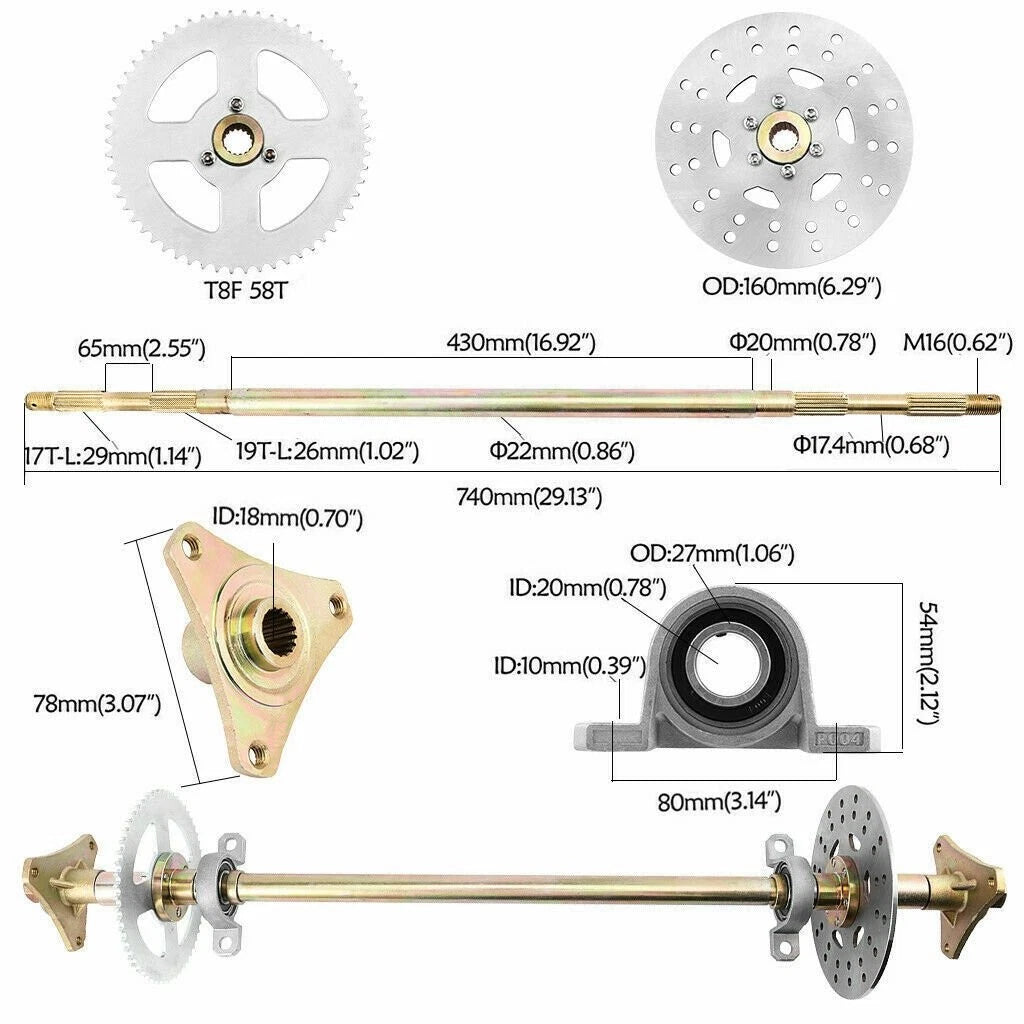 29in Rear Live Axle Kit with Brake Assembly & Sprocket Hub for Go Kart ATV